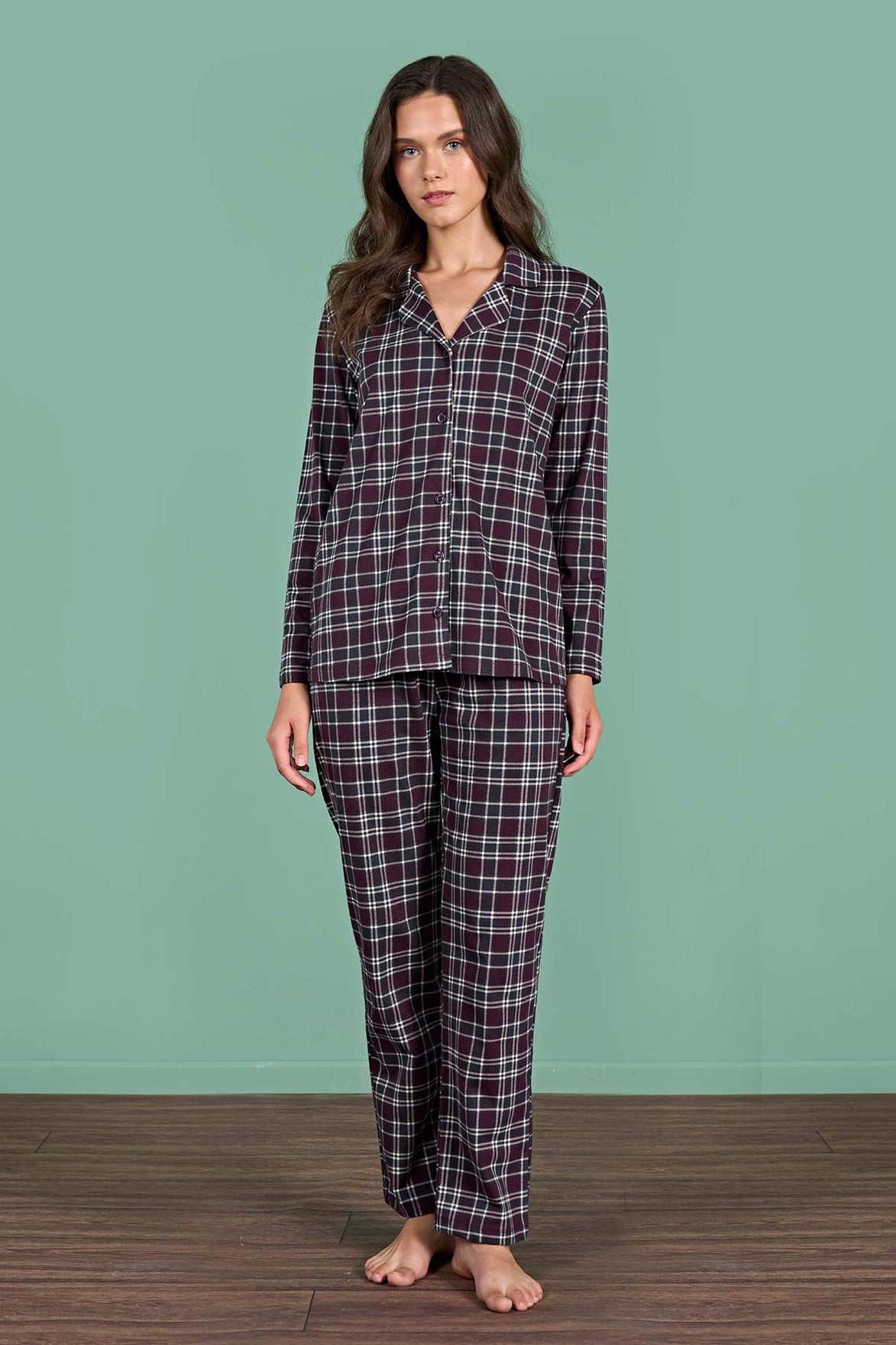 Pınarca Kadın Pijama Takımı Uzun Kollu Gömlek Yaka Ekoseli Pamuklu Eşli