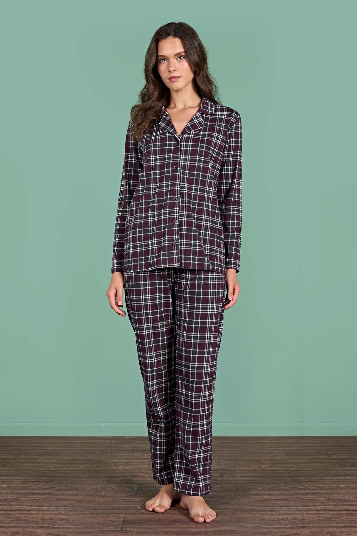 Pınarca Kadın Pijama Takımı Uzun Kollu Gömlek Yaka Ekoseli Pamuklu Eşli