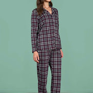 Pınarca Kadın Pijama Takımı Uzun Kollu Gömlek Yaka Ekoseli Pamuklu Eşli