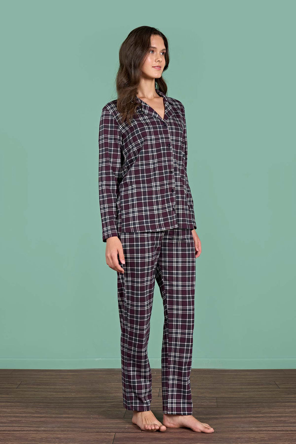 Pınarca Kadın Pijama Takımı Uzun Kollu Gömlek Yaka Ekoseli Pamuklu Eşli
