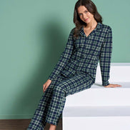 Pınarca Kadın Pijama Takımı Uzun Kollu Gömlek Yaka Ekoseli Pamuklu Eşli