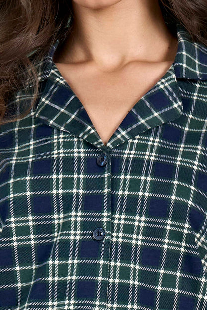 Pınarca Kadın Pijama Takımı Uzun Kollu Gömlek Yaka Ekoseli Pamuklu Eşli