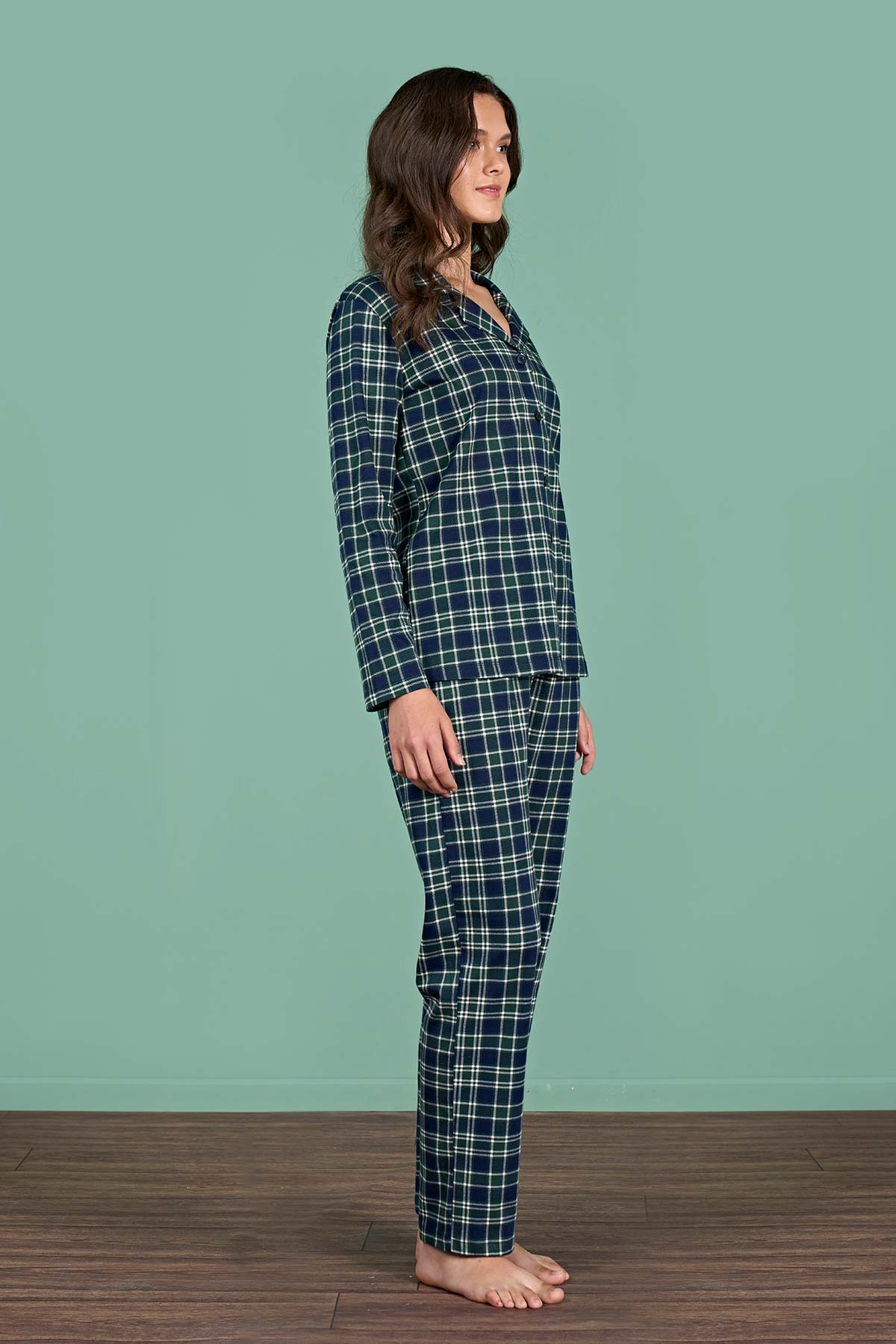 Pınarca Kadın Pijama Takımı Uzun Kollu Gömlek Yaka Ekoseli Pamuklu Eşli