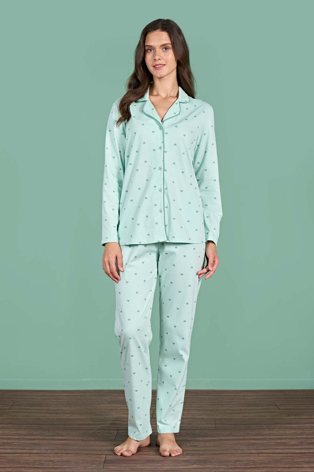 Pınarca Kadın Pijama Takımı Uzun Kollu Gömlek Yaka Kalp Desenli Pamuklu