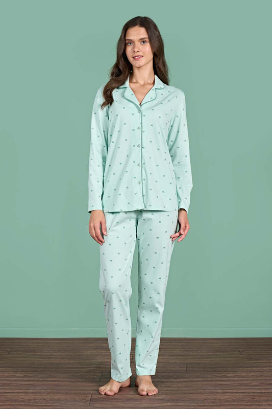 Pınarca Kadın Pijama Takımı Uzun Kollu Gömlek Yaka Kalp Desenli Pamuklu