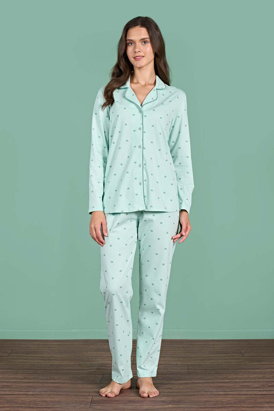 Pınarca Kadın Pijama Takımı Uzun Kollu Gömlek Yaka Kalp Desenli Pamuklu