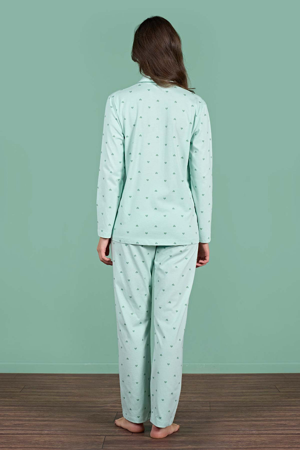 Pınarca Kadın Pijama Takımı Uzun Kollu Gömlek Yaka Kalp Desenli Pamuklu