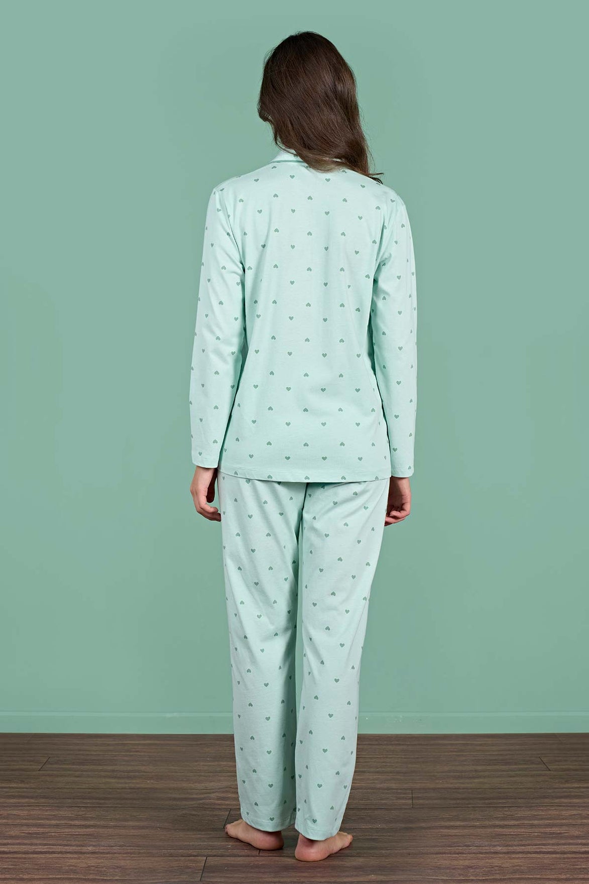 Pınarca Kadın Pijama Takımı Uzun Kollu Gömlek Yaka Kalp Desenli Pamuklu