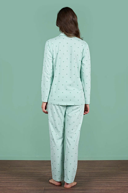 Pınarca Kadın Pijama Takımı Uzun Kollu Gömlek Yaka Kalp Desenli Pamuklu