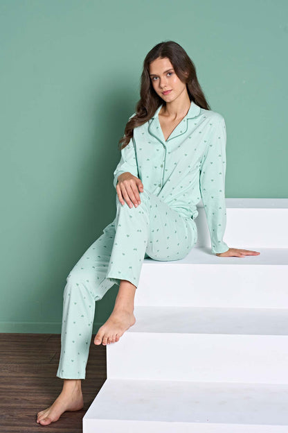 Pınarca Kadın Pijama Takımı Uzun Kollu Gömlek Yaka Kalp Desenli Pamuklu