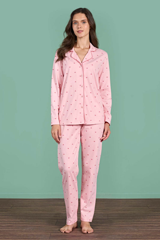 Pınarca Kadın Pijama Takımı Uzun Kollu Gömlek Yaka Kalp Desenli Pamuklu