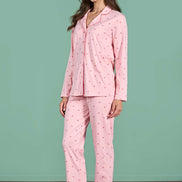 Pınarca Kadın Pijama Takımı Uzun Kollu Gömlek Yaka Kalp Desenli Pamuklu