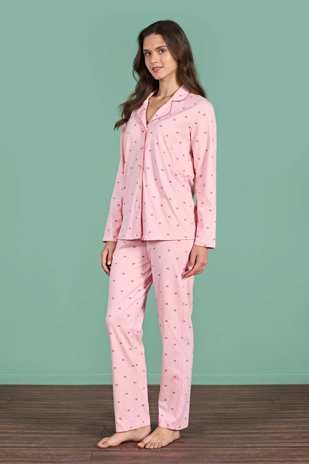 Pınarca Kadın Pijama Takımı Uzun Kollu Gömlek Yaka Kalp Desenli Pamuklu