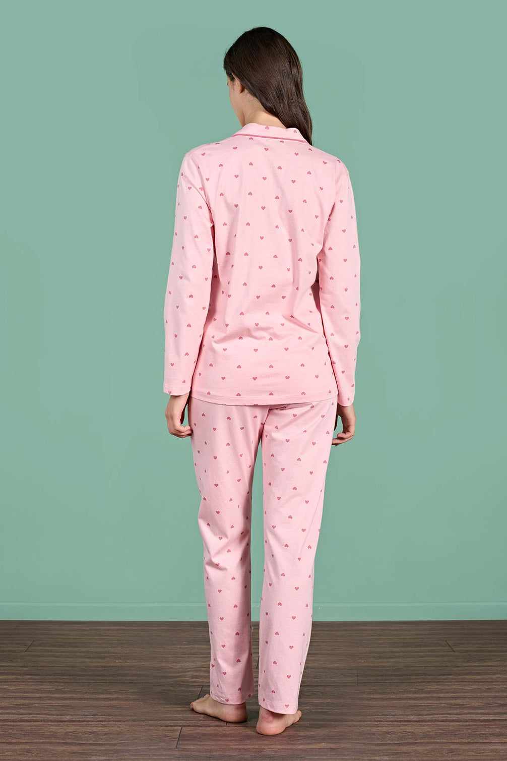 Pınarca Kadın Pijama Takımı Uzun Kollu Gömlek Yaka Kalp Desenli Pamuklu