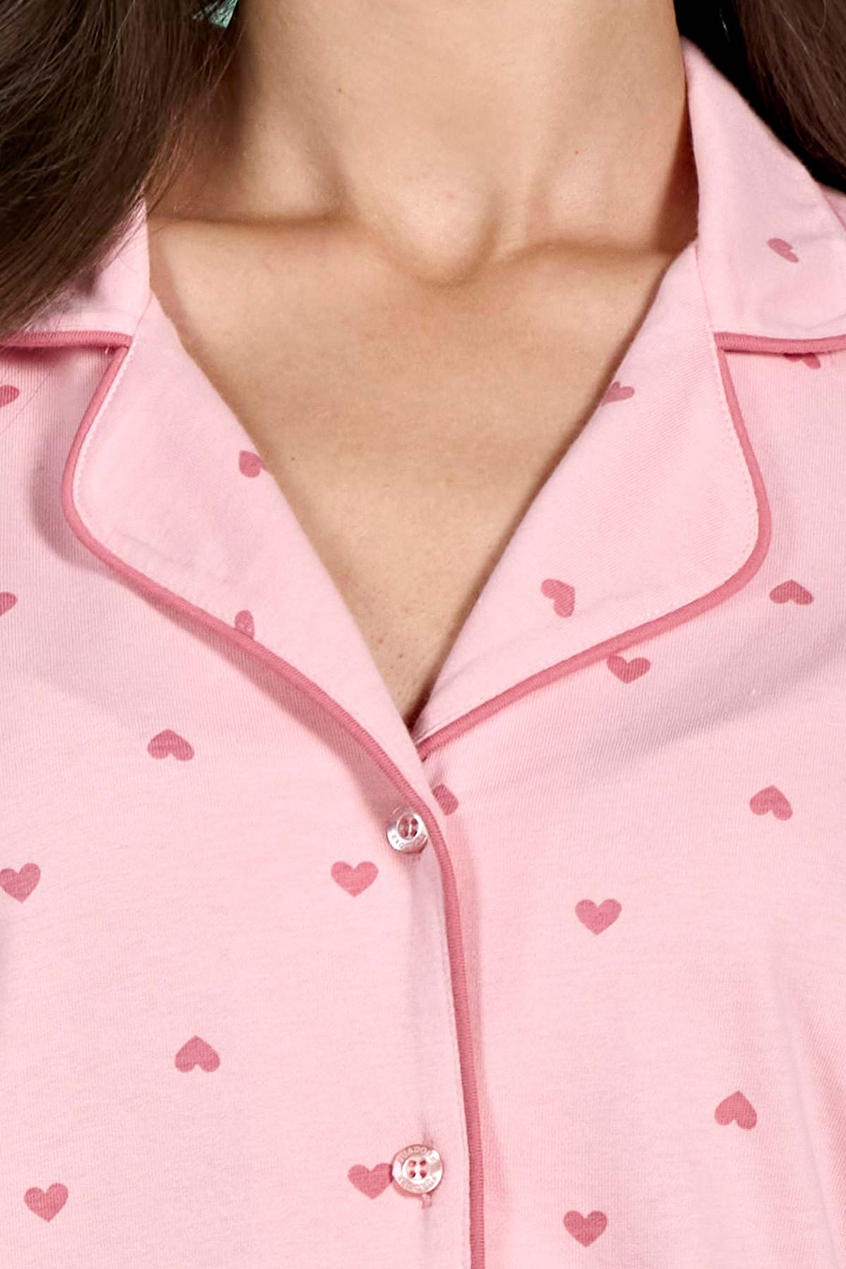 Pınarca Kadın Pijama Takımı Uzun Kollu Gömlek Yaka Kalp Desenli Pamuklu
