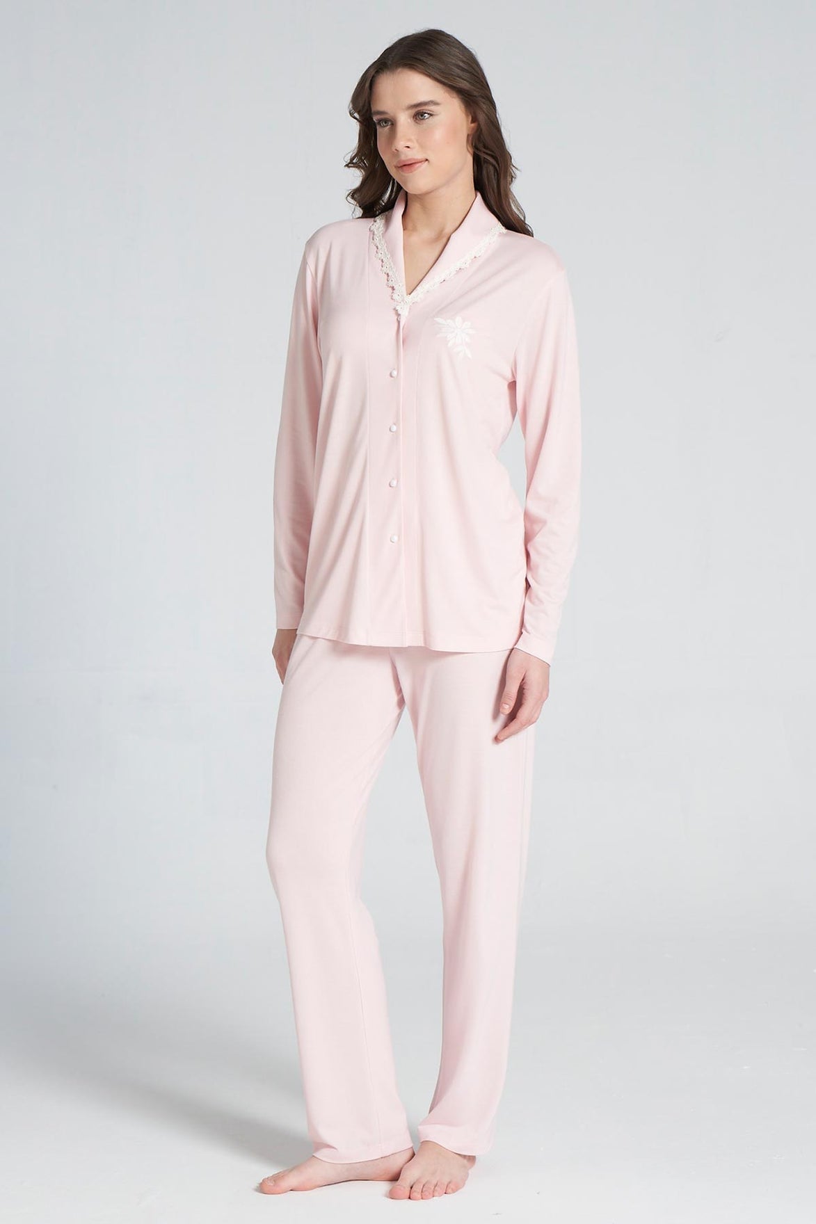 Pınarca Kadın Pijama Takımı Uzun Kollu Gömlek Yaka Pamuklu