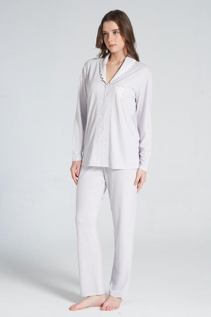 Pınarca Kadın Pijama Takımı Uzun Kollu Gömlek Yaka Pamuklu
