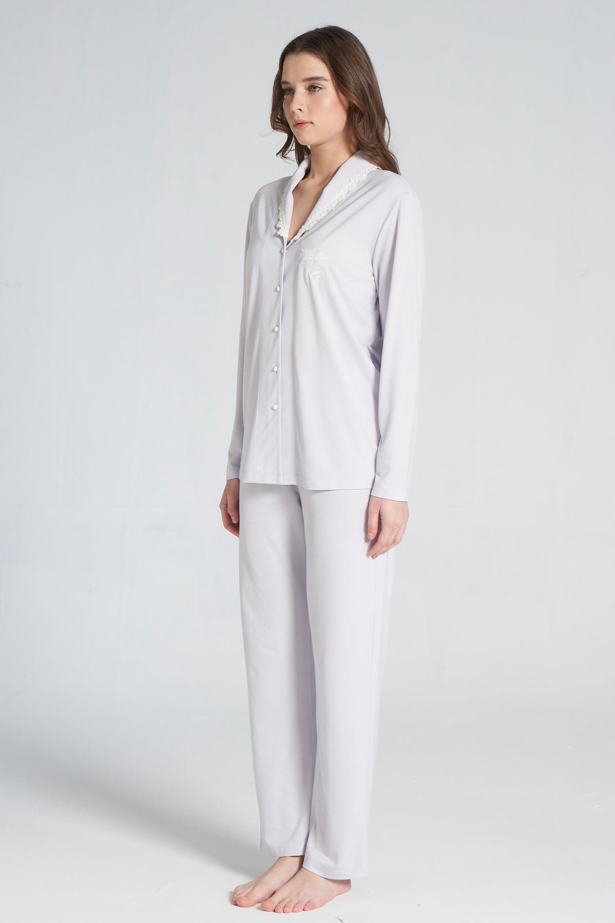 Pınarca Kadın Pijama Takımı Uzun Kollu Gömlek Yaka Pamuklu