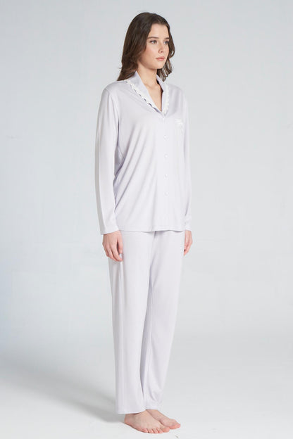 Pınarca Kadın Pijama Takımı Uzun Kollu Gömlek Yaka Pamuklu
