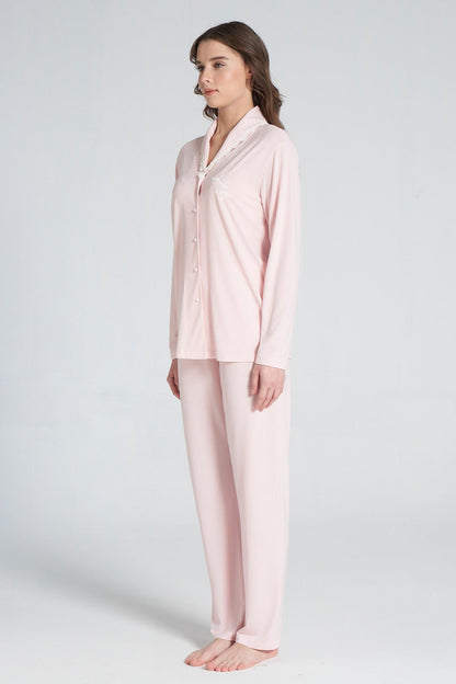Pınarca Kadın Pijama Takımı Uzun Kollu Gömlek Yaka Pamuklu