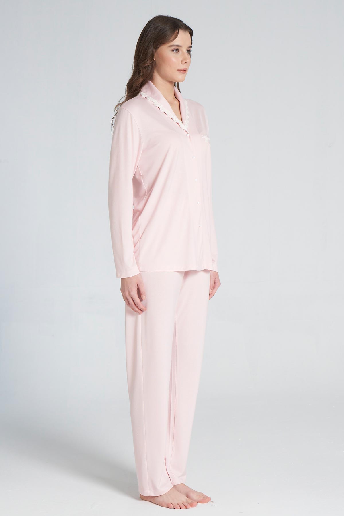 Pınarca Kadın Pijama Takımı Uzun Kollu Gömlek Yaka Pamuklu