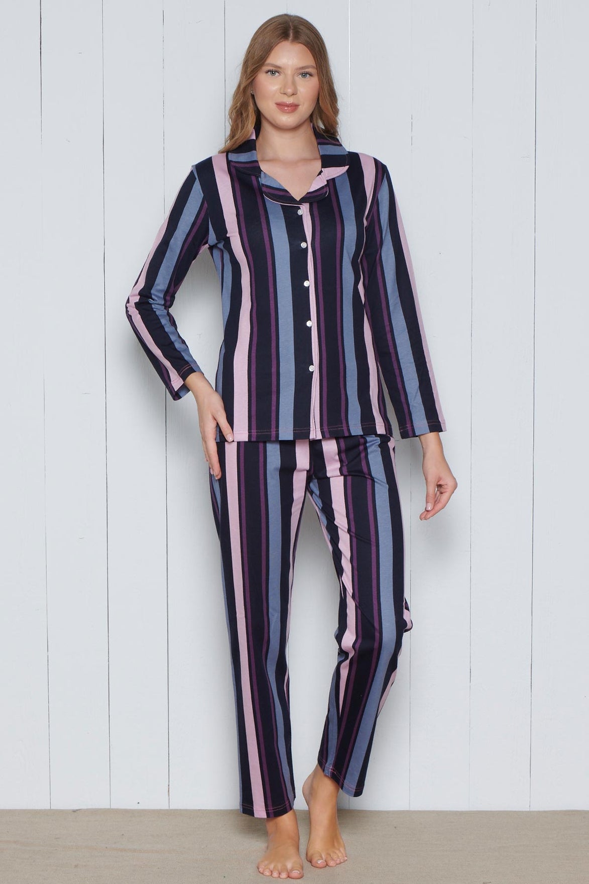 Pınarca Kadın Pijama Takımı Uzun Kollu Gömlek Yaka Pamuklu
