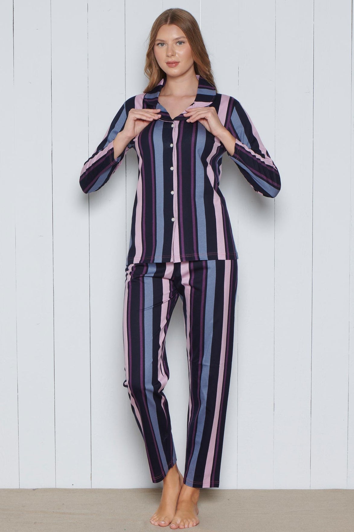 Pınarca Kadın Pijama Takımı Uzun Kollu Gömlek Yaka Pamuklu