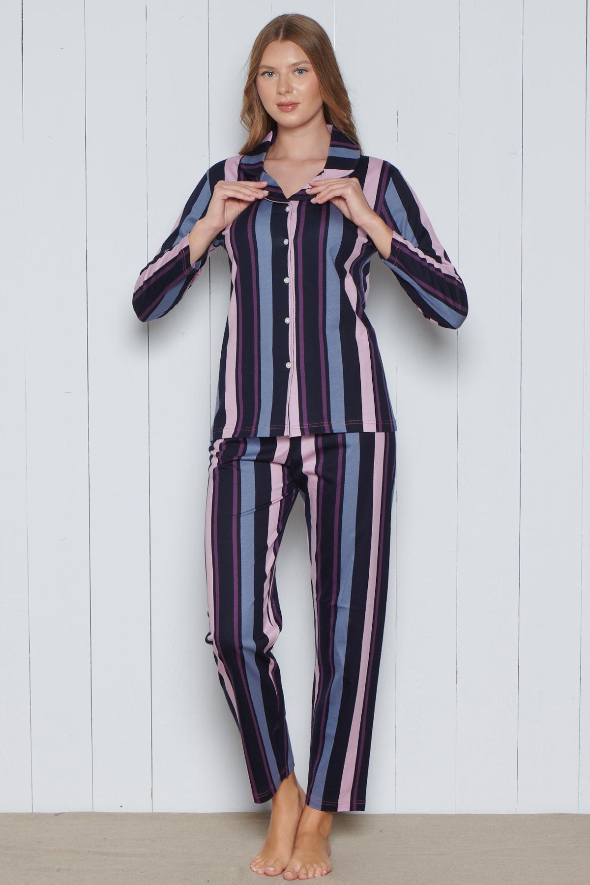 Pınarca Kadın Pijama Takımı Uzun Kollu Gömlek Yaka Pamuklu