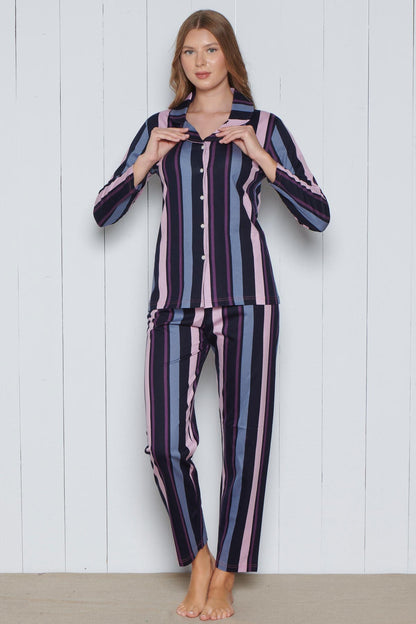 Pınarca Kadın Pijama Takımı Uzun Kollu Gömlek Yaka Pamuklu