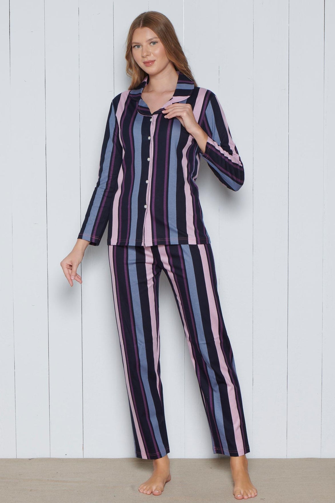 Pınarca Kadın Pijama Takımı Uzun Kollu Gömlek Yaka Pamuklu