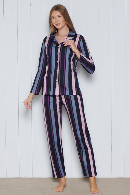Pınarca Kadın Pijama Takımı Uzun Kollu Gömlek Yaka Pamuklu