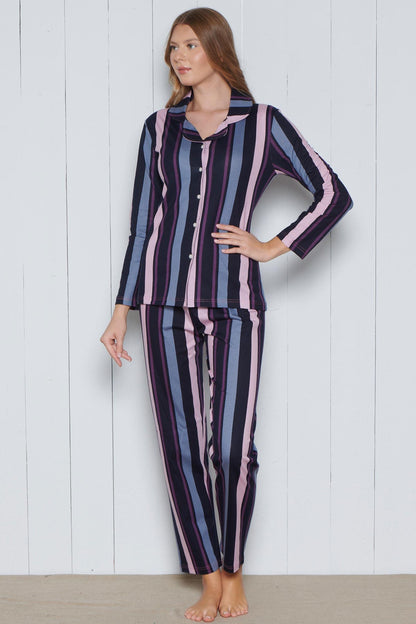 Pınarca Kadın Pijama Takımı Uzun Kollu Gömlek Yaka Pamuklu