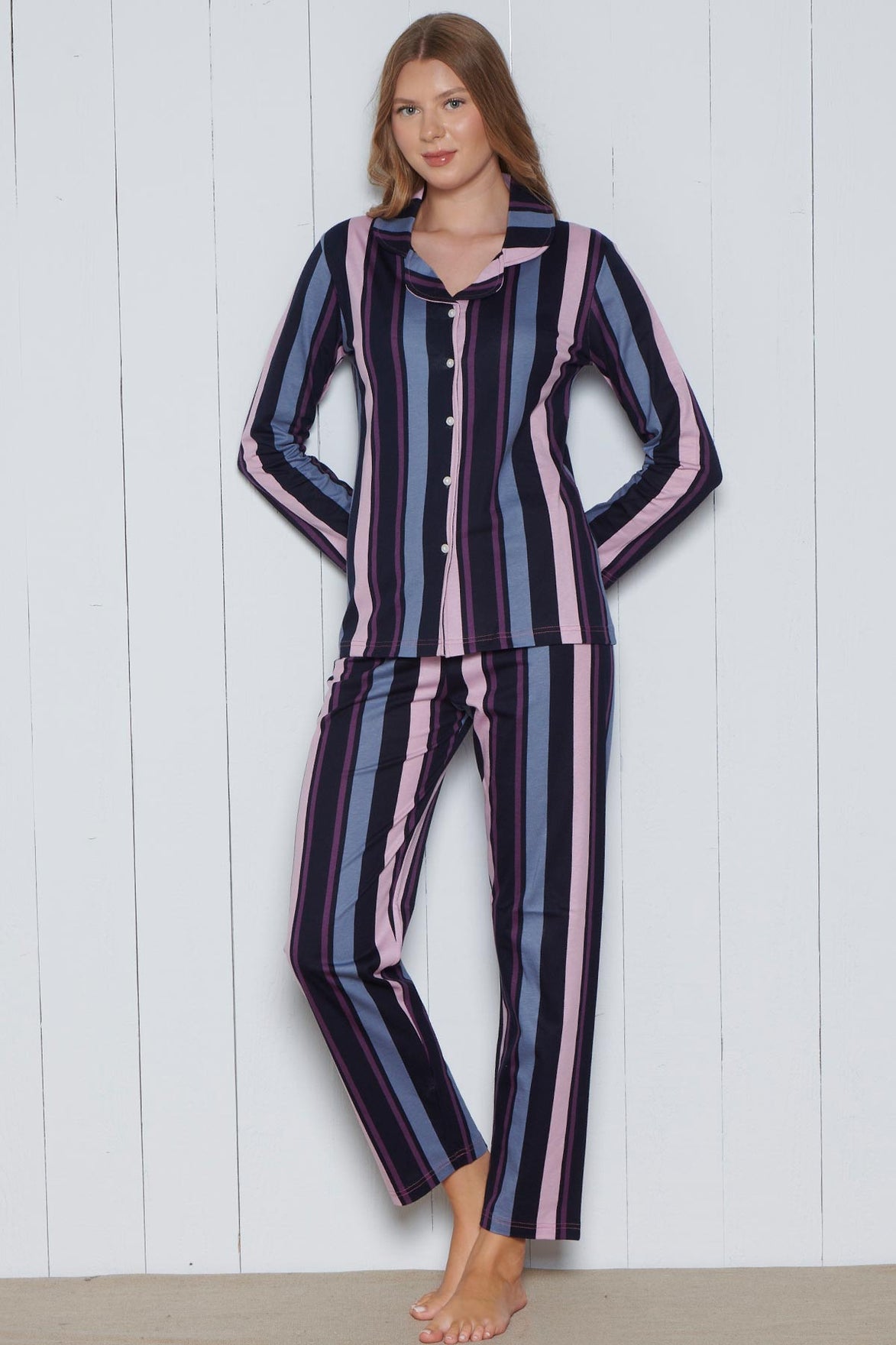 Pınarca Kadın Pijama Takımı Uzun Kollu Gömlek Yaka Pamuklu