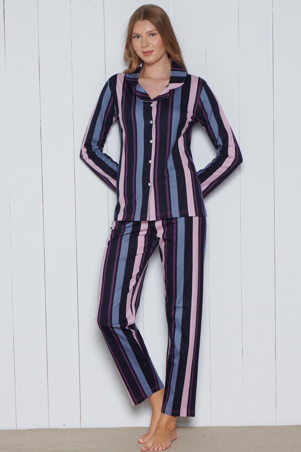 Pınarca Kadın Pijama Takımı Uzun Kollu Gömlek Yaka Pamuklu