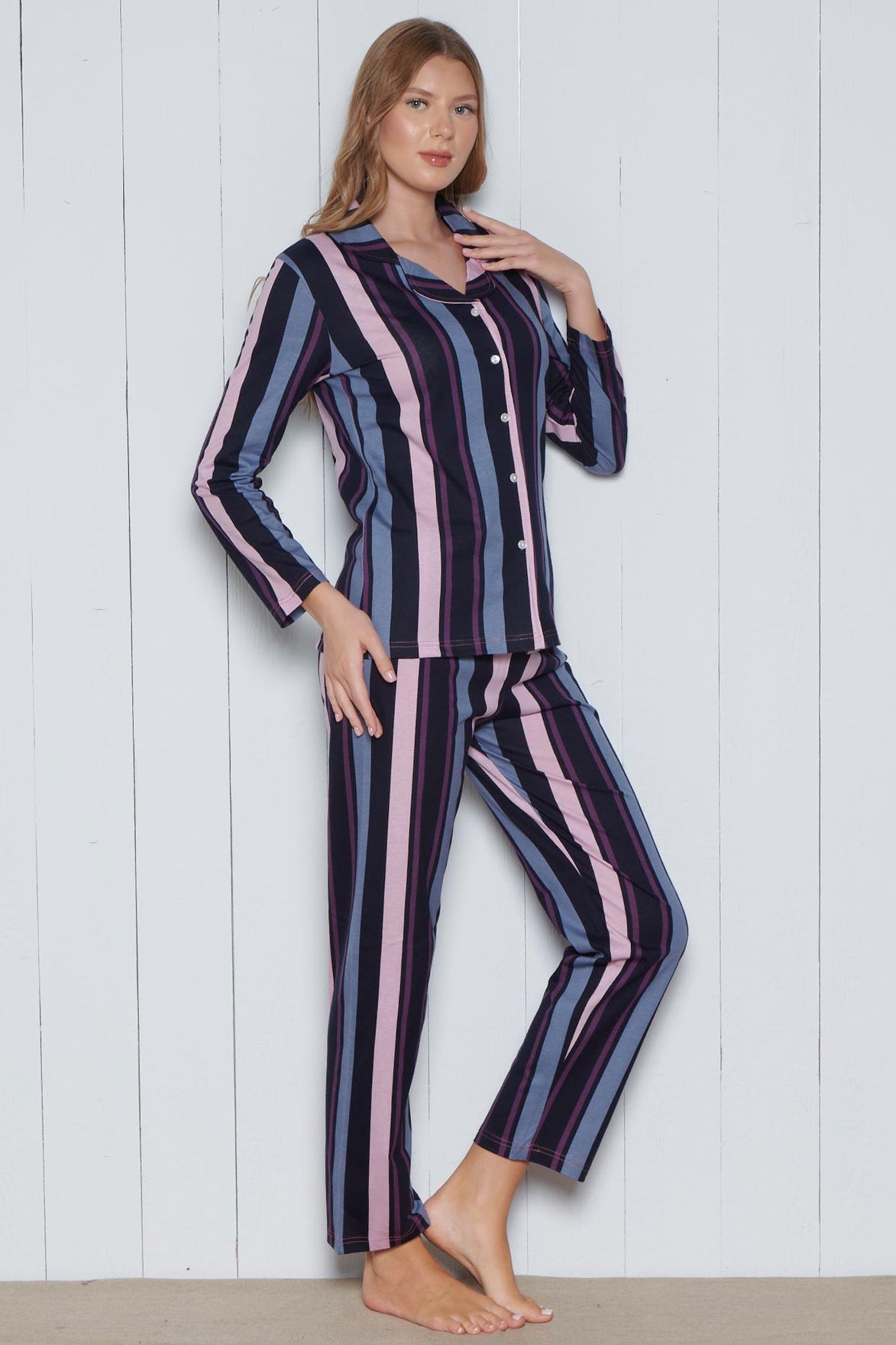 Pınarca Kadın Pijama Takımı Uzun Kollu Gömlek Yaka Pamuklu