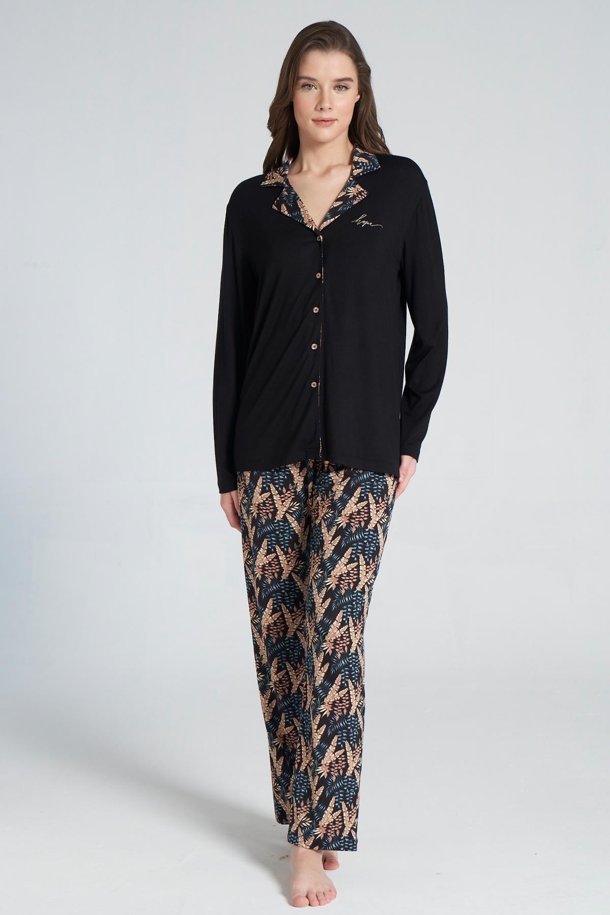 Pınarca Kadın Pijama Takımı Uzun Kollu Gömlek Yaka Yaprak Desenli