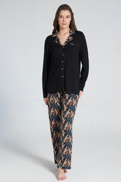 Pınarca Kadın Pijama Takımı Uzun Kollu Gömlek Yaka Yaprak Desenli