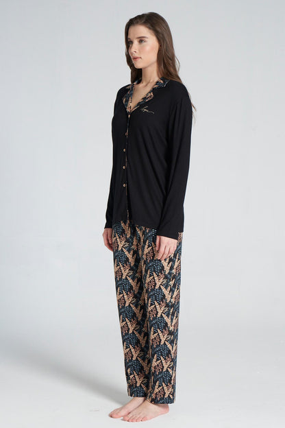 Pınarca Kadın Pijama Takımı Uzun Kollu Gömlek Yaka Yaprak Desenli