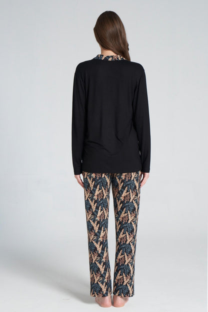 Pınarca Kadın Pijama Takımı Uzun Kollu Gömlek Yaka Yaprak Desenli