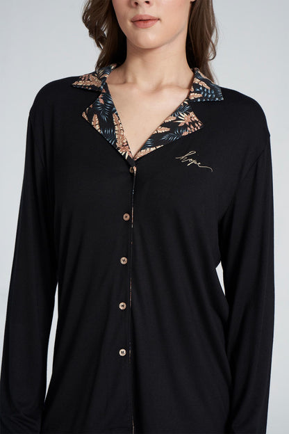 Pınarca Kadın Pijama Takımı Uzun Kollu Gömlek Yaka Yaprak Desenli