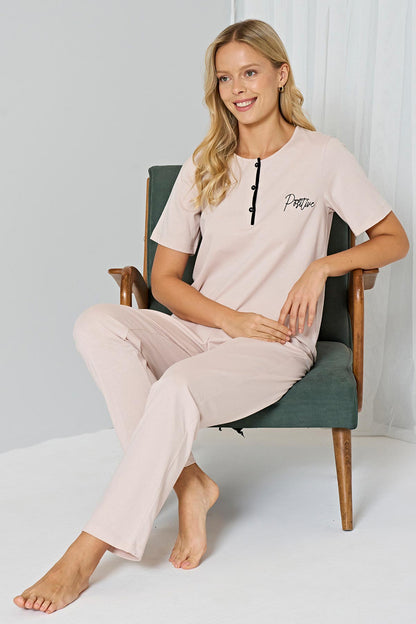 Pınarca Kadın Pijama Takımı  Yakası 3 Düğmeli Kısa Kollu