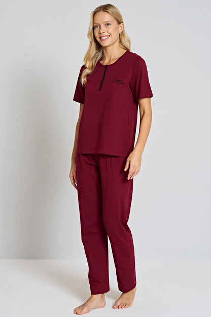 Pınarca Kadın Pijama Takımı  Yakası 3 Düğmeli Kısa Kollu