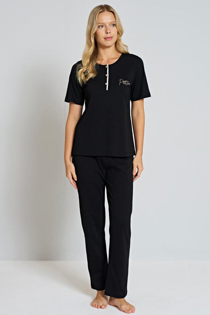 Pınarca Kadın Pijama Takımı  Yakası 3 Düğmeli Kısa Kollu