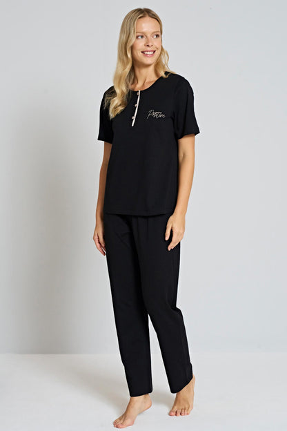 Pınarca Kadın Pijama Takımı  Yakası 3 Düğmeli Kısa Kollu