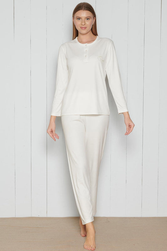 Pınarca Kadın Pijama Takımı Yakası 3 Düğmeli Uzun Kollu Bisiklet Yaka