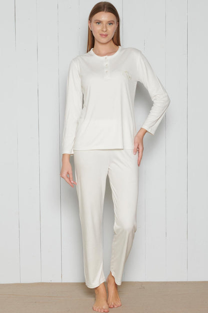 Pınarca Kadın Pijama Takımı Yakası 3 Düğmeli Uzun Kollu Bisiklet Yaka