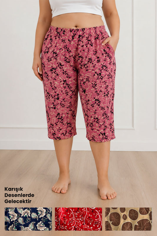 Pınarca Kadın Tek Alt Pijama Dokuma Kapri Büyük Beden Desenli