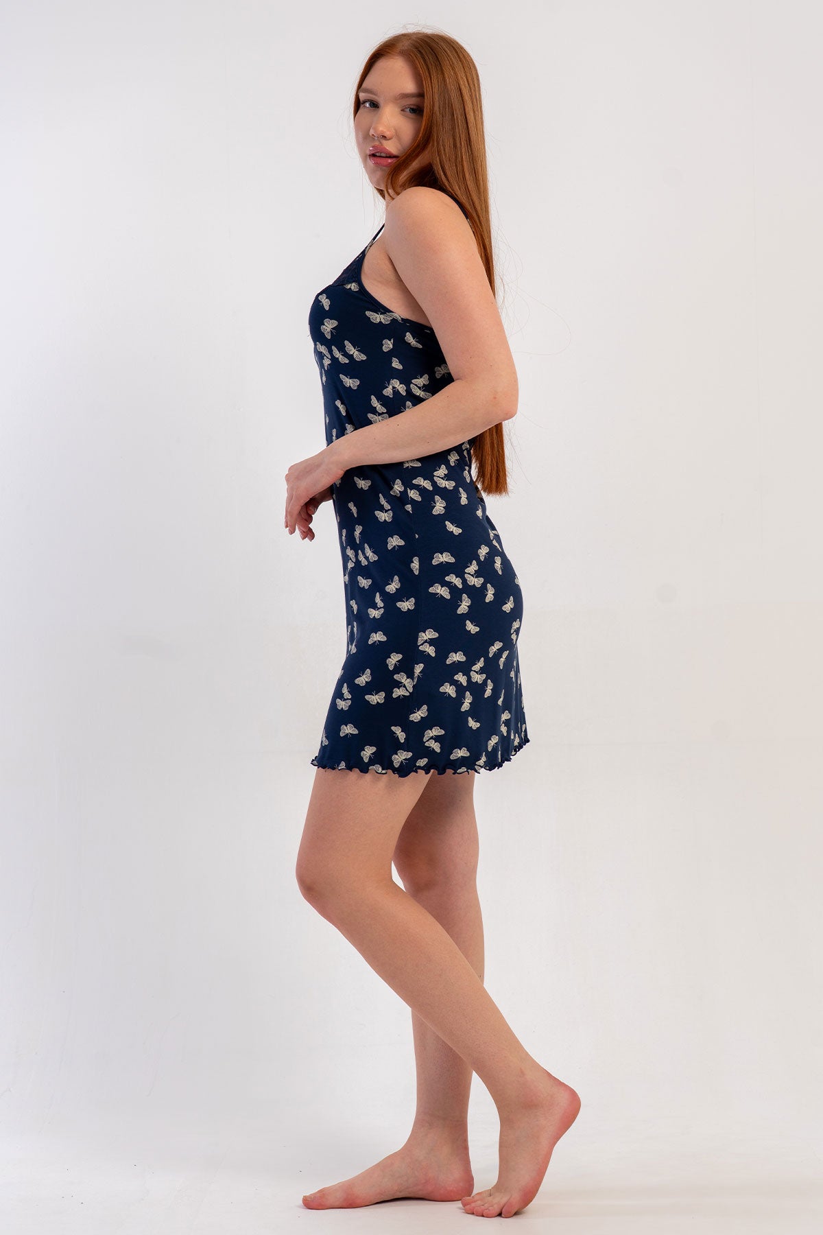 Pınarca Kadın Tunik İp Askılı Viskon Kelebek Desenli Yaka Dantelli