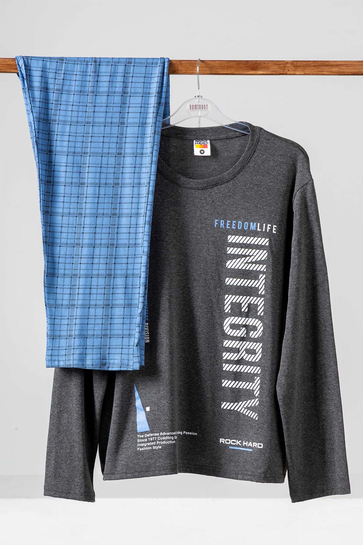Rockhard Erkek Pijama Takımı Uzun Kollu Yazılı Alt Ekoseli Pamuklu