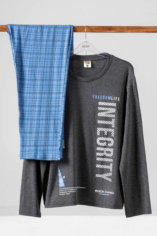 Rockhard Erkek Pijama Takımı Uzun Kollu Yazılı Alt Ekoseli Pamuklu